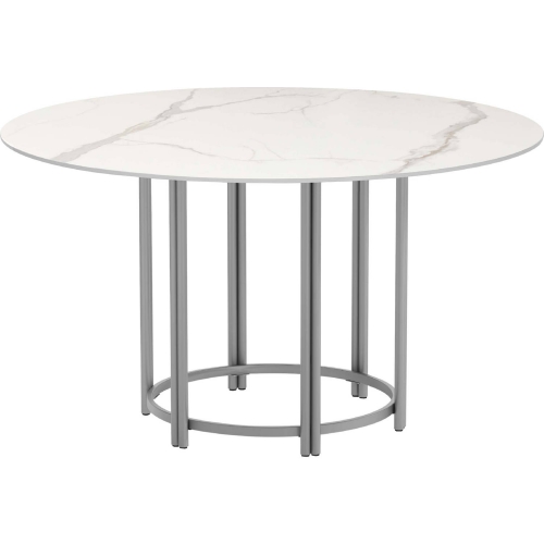 Kamila 53" Round Dining Table in Marbled White Stone & Steel